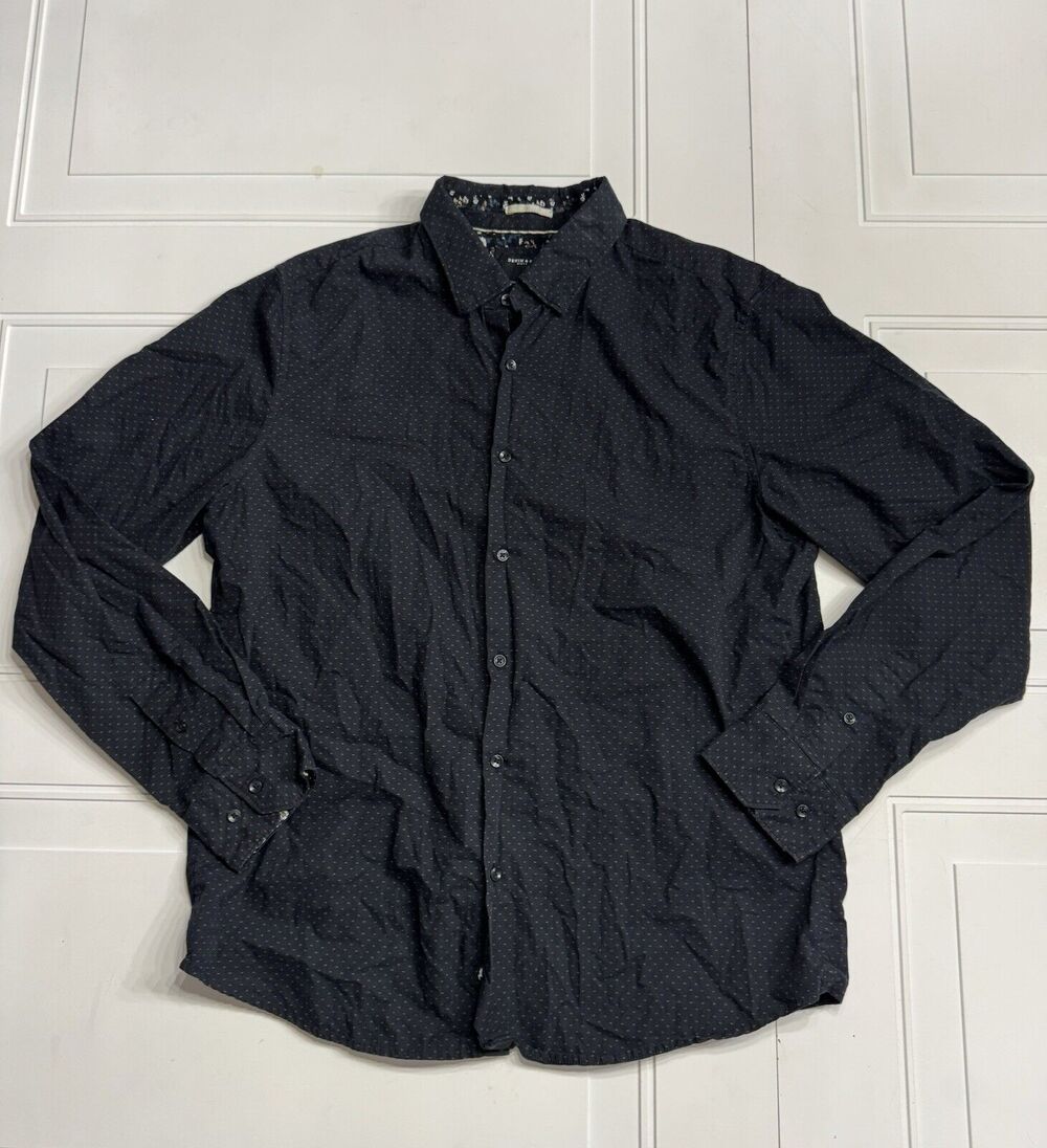 Denim & Flower Button Up Shirt Men's Size L Black With Dots Long Sleeve Cotton